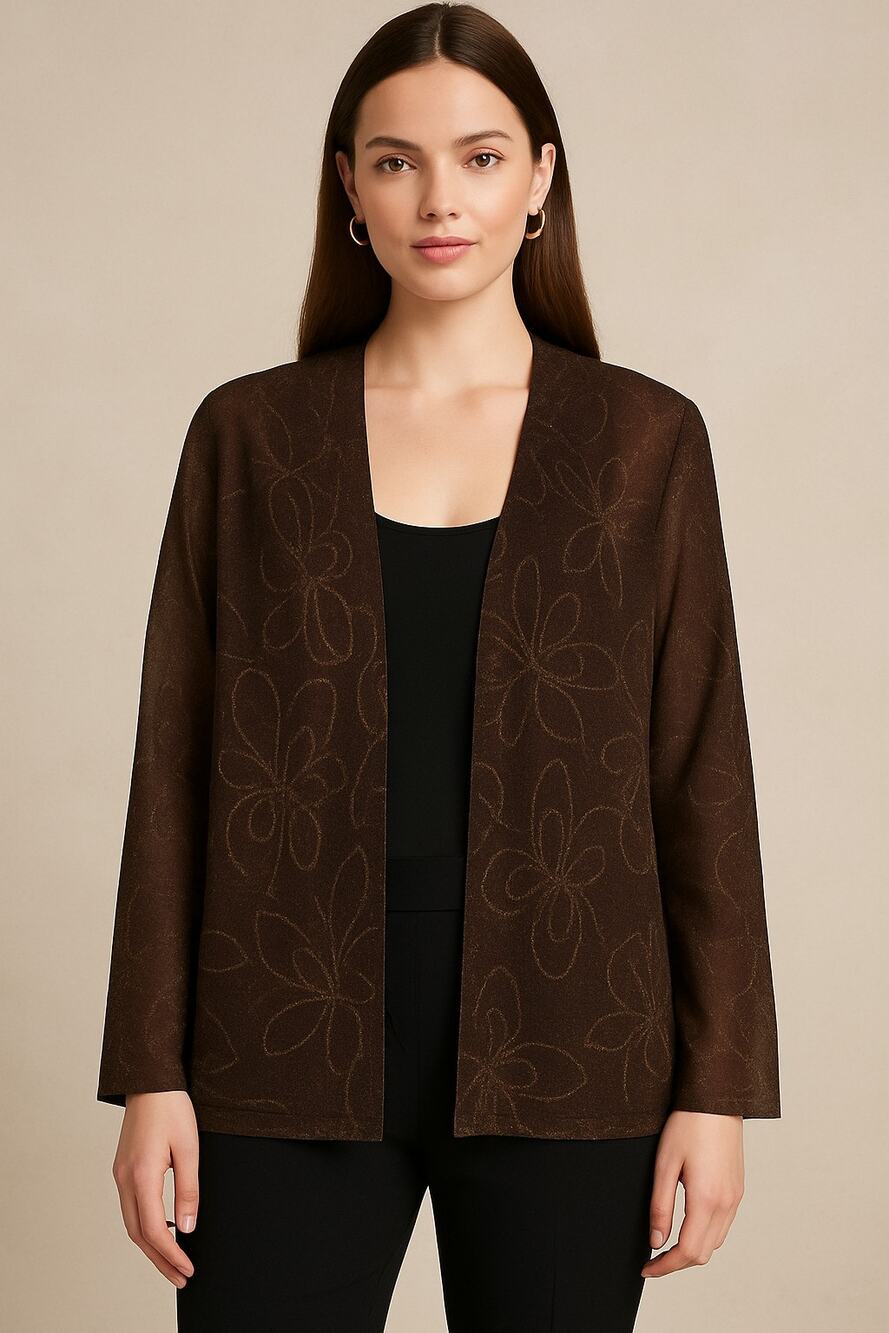 Linea Domani Women’s 14 Brown Gold Metallic Sheer Open Cardigan Jacket NWT